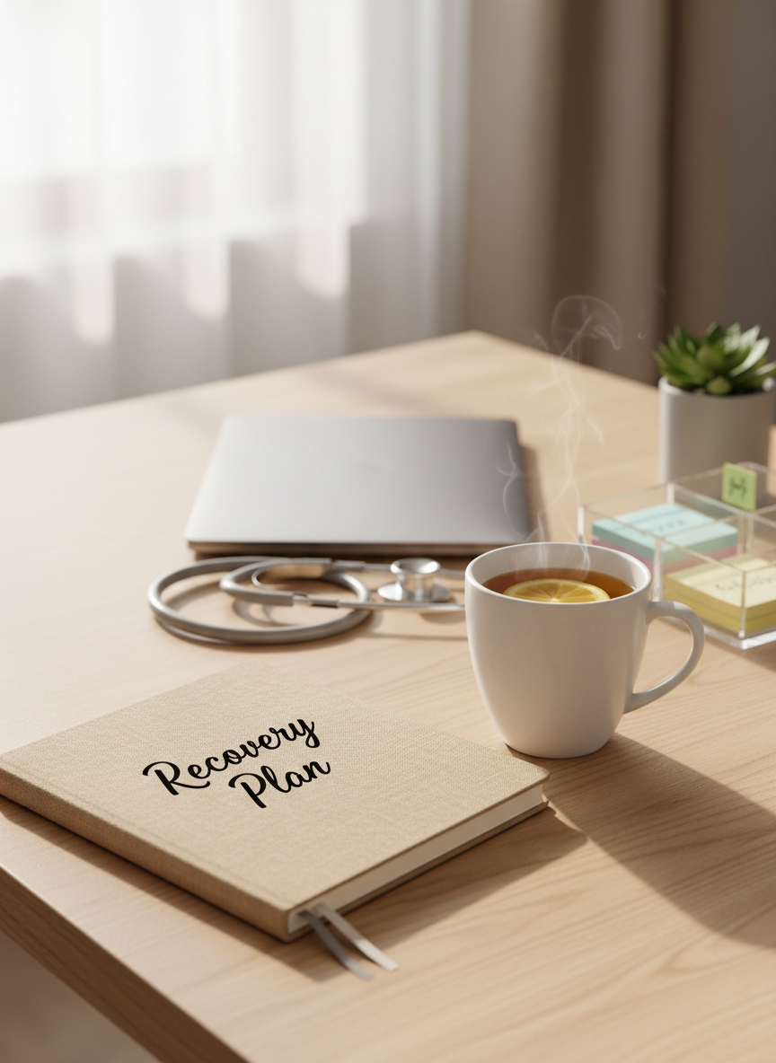 A neatly arranged burnout recovery workspace featuring an open linen-textured notebook labeled “Recovery Plan” beside a smooth, matte white ceramic mug of herbal tea on a light oak desk. A soft grey stethoscope is coiled neatly near a closed silver laptop, with pastel sticky notes organized in a small tray. Gentle morning daylight filters through an out-of-focus window, creating soft highlights on the mug’s rim and subtle shadows under the objects. Shot at eye level with a shallow depth of field, the foreground in crisp focus and the background softly blurred. The atmosphere is calm, professional, and hopeful, with a clean, modern, photographic realism style that conveys clarity and structured support for clinician burnout recovery.