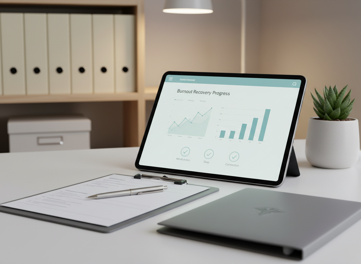 A professional clinician’s desk set up for reflection and recovery, featuring a large, softly glowing tablet screen displaying a clean dashboard titled “Burnout Recovery Progress” with simple graphs and calming blue-green accents. Next to it, a stack of crisp, white assessment forms clipped on a slate clipboard, a fine-tip pen, and a closed folder embossed with a subtle medical caduceus. In the background, a tidy row of reference binders and a single low-maintenance plant in a matte white pot. Cool, even overhead lighting combined with a gentle desk lamp creates balanced, shadow-soft illumination. Captured at a three-quarter angle with moderate depth of field, keeping all key elements in focus. The atmosphere is analytical yet supportive, clean and modern, emphasizing professional structure in clinician burnout recovery documentation.