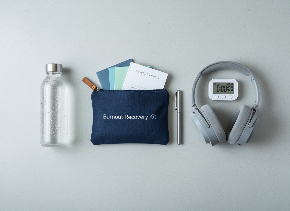 A carefully curated burnout recovery toolkit laid out on a smooth, pale concrete surface: a navy-blue fabric pouch labeled “Burnout Recovery Kit” partially unzipped, revealing color-coded index cards, a slim mindfulness booklet, and a metal pen with a brushed finish. Nearby, a small digital timer, a pair of soft grey noise-canceling headphones, and a frosted glass water bottle with condensation beads. Overhead, cool, diffused studio lighting creates even illumination with gentle, precise shadows that emphasize texture. Shot from a top-down, flat lay perspective, with each item spaced thoughtfully for visual clarity. The mood is organized, pragmatic, and reassuring, rendered in a clean, modern, photographic realism style tailored to clinicians who need structured, practical tools to manage and recover from burnout.