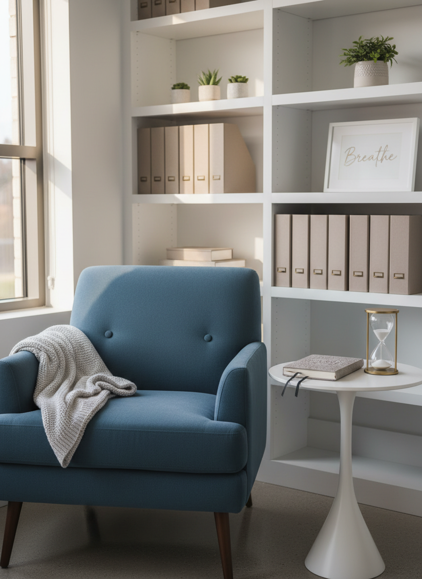 A serene clinician break room corner designed for burnout recovery, with a plush, slate-blue armchair and a folded light grey blanket draped over the arm. A small white side table holds a closed, embossed journal titled “Rest & Reset” and a sleek sand hourglass mid-flow. Behind, minimalist white bookshelves display neatly arranged binders, plant pots, and a subtle framed print reading “Breathe” in understated typography. Soft, diffused afternoon light enters from the left, creating a gentle glow and delicate shadows. Captured from a slightly elevated angle with balanced composition and moderate depth of field. The overall mood is restorative and professional, with a clean, modern, enhanced photographic style emphasizing calm, order, and sustainable recovery from clinician burnout.